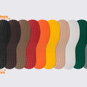 May include: A collection of ten colorful shoe insoles, each with a textured pattern. The insoles are arranged side by side, showcasing a variety of colors including black, brown, red, orange, yellow, beige, white, green, and gray. Each insole measures 12.8 inches long and 5.1 inches wide.