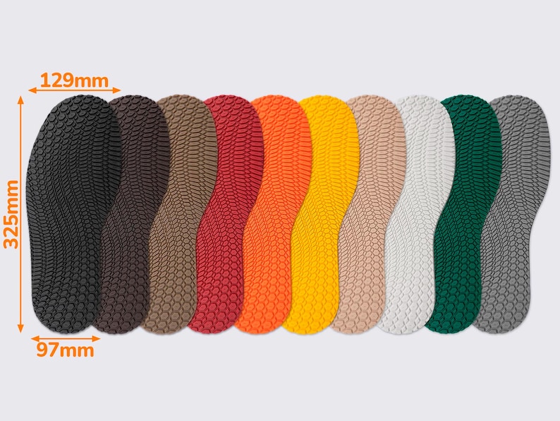May include: A collection of ten colorful shoe insoles, each with a textured pattern. The insoles are arranged side by side, showcasing a variety of colors including black, brown, red, orange, yellow, beige, white, green, and gray. Each insole measures 12.8 inches long and 5.1 inches wide.