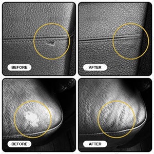 May include: Before and after images showing the effectiveness of a leather repair product. The before images show a small tear in a black leather seat. The after images show the tear repaired and the leather looking smooth.
