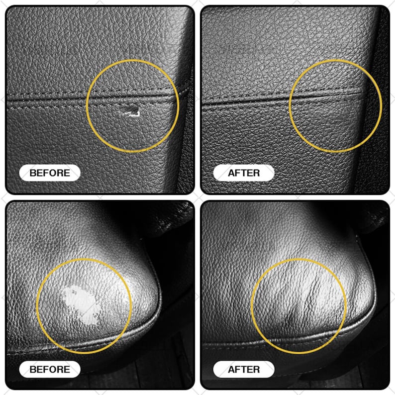 May include: Before and after images showing the effectiveness of a leather repair product. The before images show a small tear in a black leather seat. The after images show the tear repaired and the leather looking smooth.