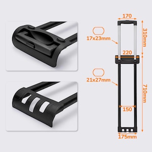 Pode incluir: Conjunto de pega de bagagem preta com dimensões mostradas. A pega tem 170 mm de largura, 310 mm de altura e 710 mm de comprimento. A base da pega tem 175 mm de largura. As dimensões são mostradas em milímetros.