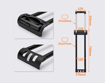 May include: Black luggage handle assembly with dimensions shown. The handle is 170mm wide, 310mm tall, and 710mm long. The handle's base is 175mm wide. The handle's dimensions are shown in millimeters.