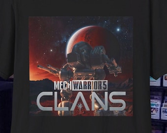 May include: Black t-shirt with a graphic of a mech warrior from the video game MechWarrior 5: Clans. The graphic is set against a starry sky with a red planet in the background. The text "MechWarrior 5 Clans" is printed below the graphic.