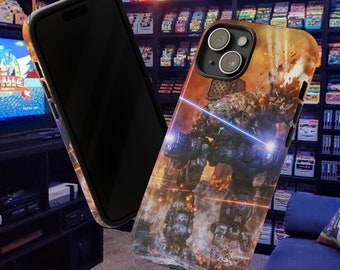 May include: A black and white phone case with a graphic of a robot in a futuristic battle scene. The robot is made of metal and has a large gun. The background is a fiery orange and yellow.
