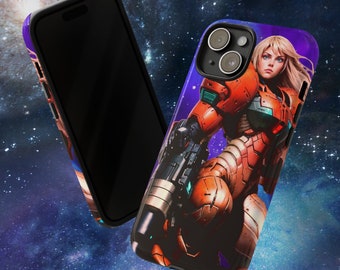 May include: A black and white phone case with a colorful illustration of a video game character wearing a red and blue suit. The character is holding a gun and has a determined expression on their face.