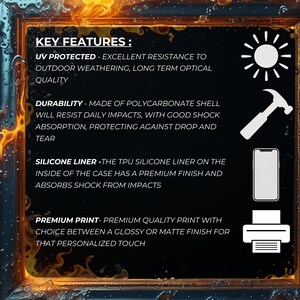 May include: A black and white illustration of key features for a phone case. The features include UV protection, durability, a silicone liner, and a premium print. The illustration includes icons of a sun, a hammer, a phone, and a printer.