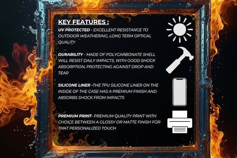 May include: A black and white illustration of key features for a phone case. The features include UV protection, durability, a silicone liner, and a premium print. The illustration includes icons of a sun, a hammer, a phone, and a printer.