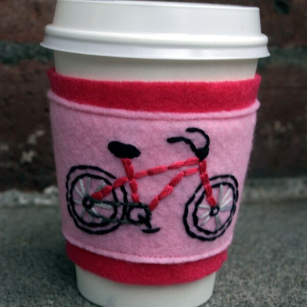 Embroidered Pink Bicycle Coffee Cup Cozy