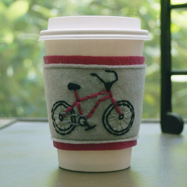 Embroidered Fuschia Bicycle Coffee Cup Cozy