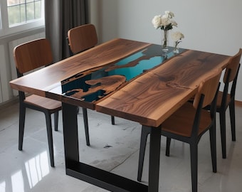 Table for the home made of walnut wood and epoxy resin in blue color, dining table, epoxy table, resin art, end table, wood table epoxy .