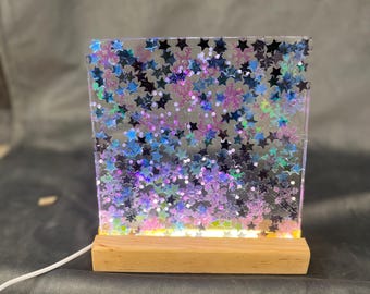 Unique night lamp made of epoxy resin with stars of different color, lamp, epoxy resin lamp, lamp resin, resin, resin lamp, wood, resin art.