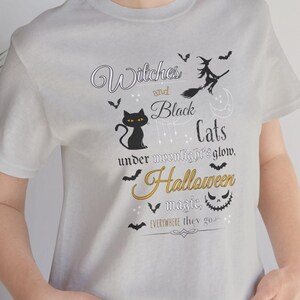 Witches and Black Cats Halloween Magic Unisex Jersey Short Sleeve Tee, Cute Spooky Halloween Shirt, Witch Apparel, Fun Halloween Costume Top