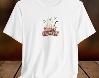 Maglietta unisex in jersey con simpatico gatto fantasma per Halloween.