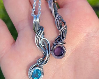 Blue Topaz & Amethyst Pendant – Cold Forged Sterling Silver or Copper Necklace, Elven Design