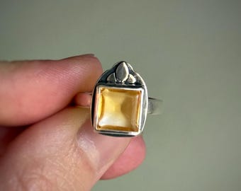 Bague cathédrale gothique en citrine – Bague fenêtre en argent sterling, taille 6