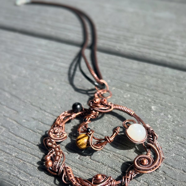 Galaxy Collection Copper Wire Wrapped Pendant Necklace|Moonstone, Tigers Eye & Black Tourmaline|Protection for Clairvoyants|OOAK