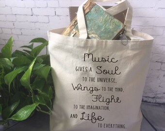 music lover canvas tote bag/ music book bag/ music student tote/ music teacher gift/ music gives a soul to the universe/ musician gift