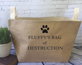 dog toy basket , burlap storage tote, funny dog gift, dog humor/ bag of destruction/ personalized dog toy storage