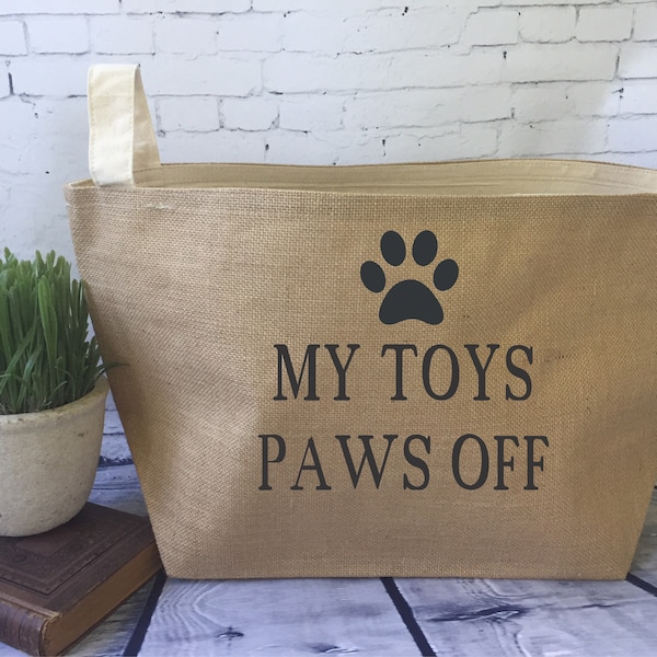 large burlap dog toy basket , burlap storage tote. my toys paws off, dog adoption gift