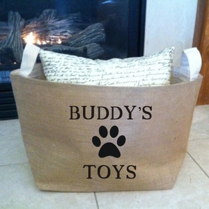large personalized lined burlap dog toy basket , burlap storage tote image 2