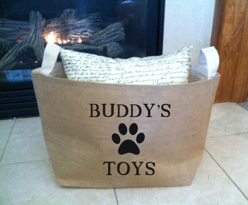 large personalized lined burlap dog toy basket , burlap storage tote image 2