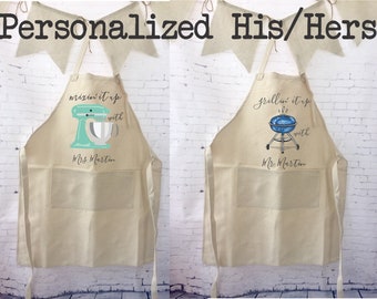 his and hers apron// bridal shower gift/ bride gift/ adjustable apron/ wedding gift/ gift for cook/ couple aprons/ personalized aprons