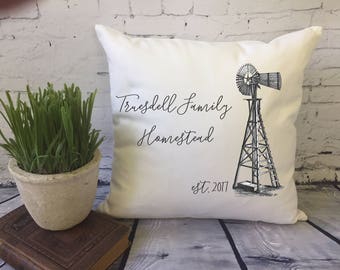 windmill  throw pillow cover,  farmhouse pillow, family homestead, personalized pillow, housewarming pillow, farm