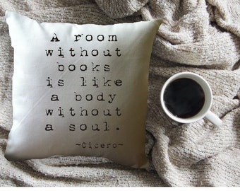 a room without books quote throw pillow cover, 14 x 14, white cotton