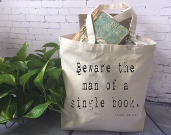 book lover canvas tote bag/book quote tote bag/funny tote bag/beware the man/book lover gift/ book club gift/ librarian gift/ teacher gift