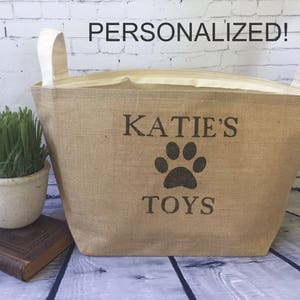 large personalized lined burlap dog toy basket , burlap storage tote image 1