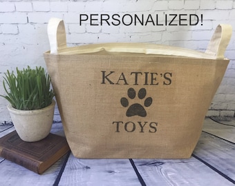 gran cesta de juguete para perros de arpillera forrada personalizada, tote de almacenamiento de arpillera