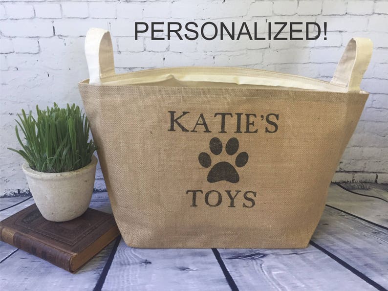 large personalized lined burlap dog toy basket , burlap storage tote image 1