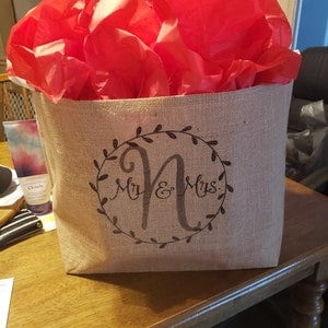 monogram burlap storage container, burlap bin, reusable gift basket, personalized wedding gift, bridal shower gift, wedding card basket image 2