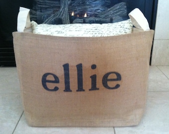 large lined personalized burlap storage basket , burlap storage tote