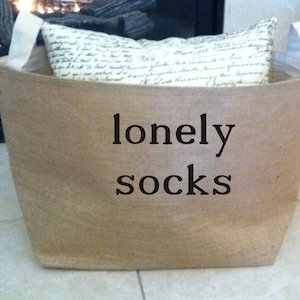 lined burlap lonely socks basket , burlap storage tote
