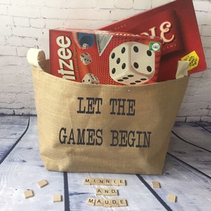 game night burlap bin/ game storage basket/unique wedding gift/ shower gift/ housewarming gift