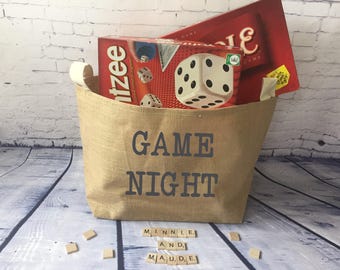 game night burlap bin/ game storage basket/unique wedding gift/ shower gift/ housewarming gift