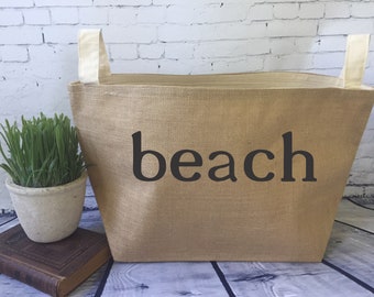 beach tote,large lined burlap storage basket , burlap storage tote