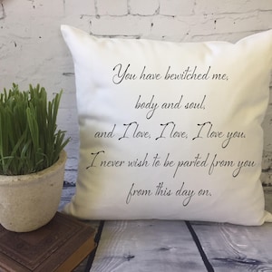 Mr. Darcy quote throw pillow cover, pride and prejudice quote throw pillow cover, you have bewitched me, second anniversary gift