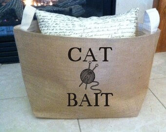 lined burlap cat toy basket , burlap storage tote, cat bait, knitting basket