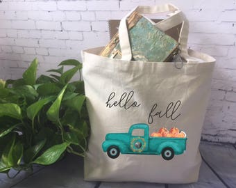 hello fall canvas tote bag/ tote bag//fabric tote// grocery tote bag// country pick up truck