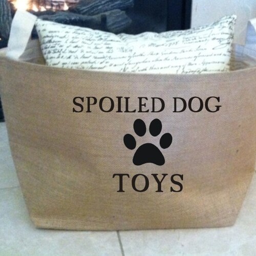 spoiled dog  lined burlap dog toy basket , burlap storage tote