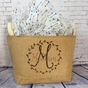 monogram burlap storage container, burlap bin, reusable gift basket, personalized wedding gift, bridal shower gift, wedding card basket image 1