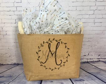 monogram burlap storage container, burlap bin, reusable gift basket, personalized wedding gift, bridal shower gift, wedding card basket