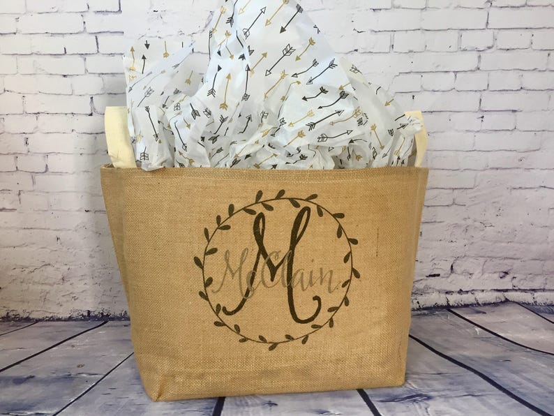 monogram burlap storage container, burlap bin, reusable gift basket, personalized wedding gift, bridal shower gift, wedding card basket image 1