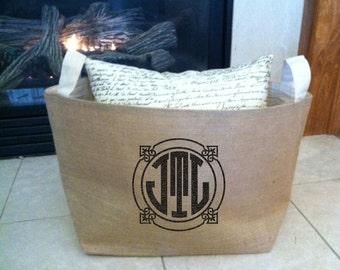 large lined burlap storage basket with monogram, burlap storage container