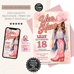 Pink Cowgirl Birthday Invitation Template Western Rodeo Yeehaw Party Girl Invite Pink Disco Cowgirl Hoedown Party Editable canva Evite