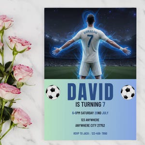 Bewerkbare CR7 Ronaldo verjaardagsuitnodiging Canva-sjabloon voetbalfeest digitale afdrukbare kinderen voetbal uitnodiging direct downloaden elke leeftijd