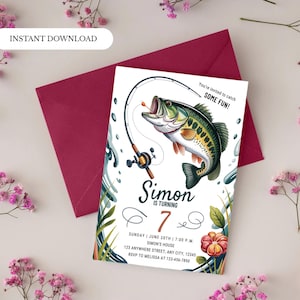 Modèle de toile d'invitation d'anniversaire de pêche modifiable pour les garçons bobine dans la fête à thème poisson amusante inviter carte d'anniversaire numérique téléchargement immédiat