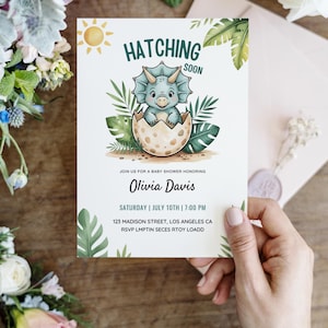 Dinosaur Baby Shower Invitation Editable Canva Template Boy or Gender Neutral Dino Theme Hatching Soon Printable Invite Instant Download